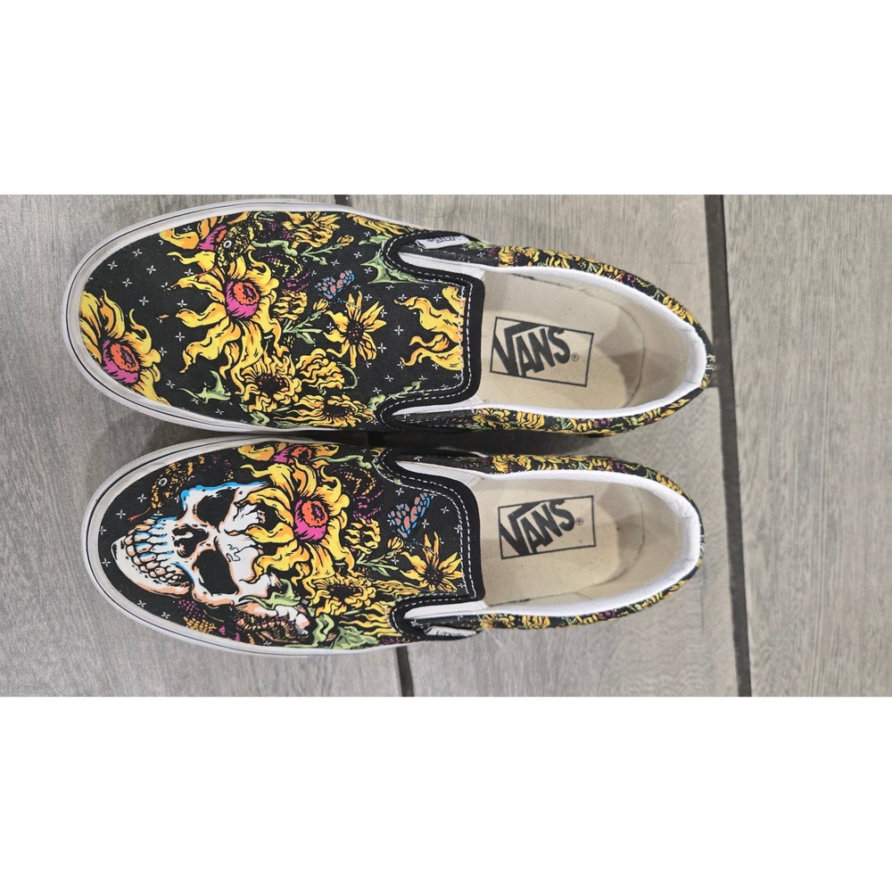 Vans Classic Slip-On Sunflower Skull Black Yellow Canvas Skate Shoes Womens 6.5
